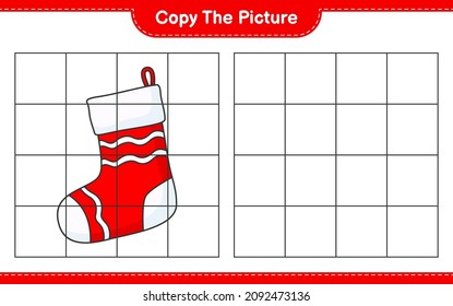 Copy the picture, copy the picture of Christmas Sock using grid lines. Educational children game, printable worksheet, vector illustration