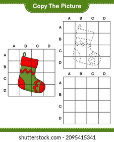 Copy the picture, copy the picture of Christmas Sock using grid lines. Educational children game, printable worksheet, vector illustration