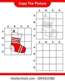 Kopieren Sie das Bild, kopieren Sie das Bild von Weihnachtssock mit Gitterlinien. Kinderspiel, druckbares Arbeitsblatt, Vektorgrafik