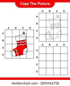Copy the picture, copy the picture of Christmas Sock using grid lines. Educational children game, printable worksheet, vector illustration