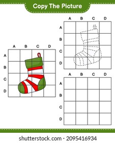 Copy the picture, copy the picture of Christmas Sock using grid lines. Educational children game, printable worksheet, vector illustration
