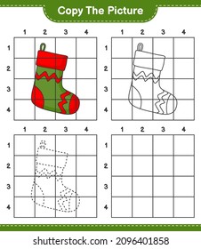 Copie la imagen, copie la imagen del muelle de Navidad usando líneas de cuadrícula. Juego infantil educativo, hoja de cálculo imprimible, ilustración vectorial