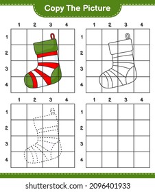 Copie la imagen, copie la imagen del muelle de Navidad usando líneas de cuadrícula. Juego infantil educativo, hoja de cálculo imprimible, ilustración vectorial