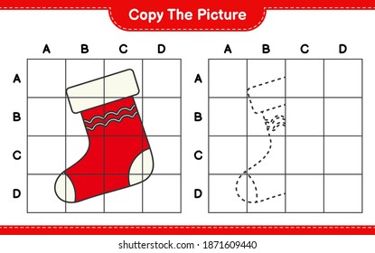 Copy the picture, copy the picture of Christmas Stocking using grid lines. Educational children game, printable worksheet, vector illustration