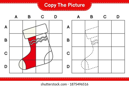 Copy the picture, copy the picture of Christmas Stocking using grid lines. Educational children game, printable worksheet, vector illustration