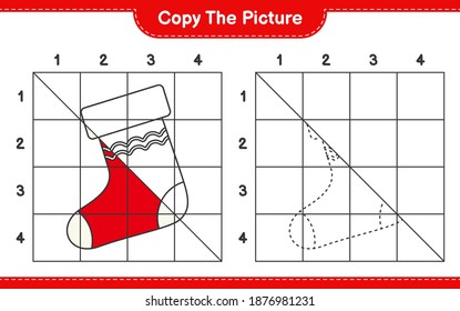 Kopieren Sie das Bild, kopieren Sie das Bild von Weihnachten Stocken mit Gitterlinien. Kinderspiel, druckbares Arbeitsblatt, Vektorgrafik