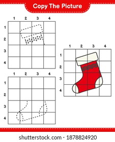 Copy the picture, copy the picture of Christmas Stocking using grid lines. Educational children game, printable worksheet, vector illustration