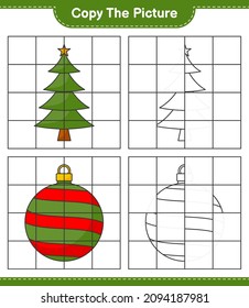 Copie la imagen, copie la imagen del árbol de Navidad y la bola de Navidad usando líneas de cuadrícula. Juego infantil educativo, hoja de cálculo imprimible, ilustración vectorial