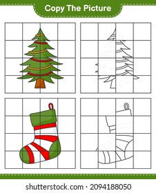 Copy the picture, copy the picture of Christmas Tree and Christmas Sock using grid lines. Educational children game, printable worksheet, vector illustration