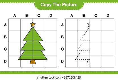 Copy the picture, copy the picture of Christmas Tree using grid lines. Educational children game, printable worksheet, vector illustration