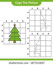 Copy the picture, copy the picture of Christmas Tree using grid lines. Educational children game, printable worksheet, vector illustration