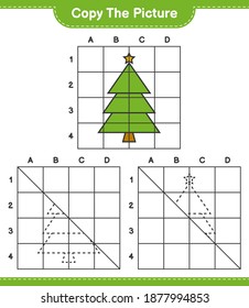 Copy the picture, copy the picture of Christmas Tree using grid lines. Educational children game, printable worksheet, vector illustration