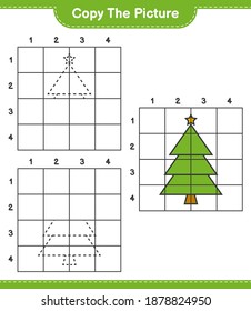 Copy the picture, copy the picture of Christmas Tree using grid lines. Educational children game, printable worksheet, vector illustration