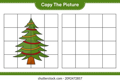 Copie la imagen, copie la imagen del árbol de Navidad utilizando líneas de cuadrícula. Juego infantil educativo, hoja de cálculo imprimible, ilustración vectorial