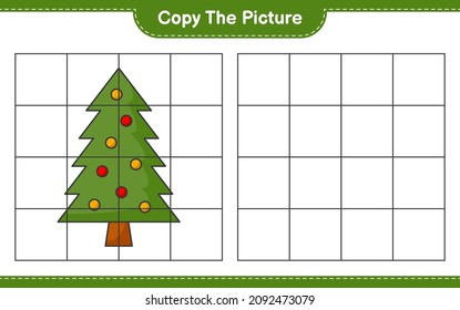 Copie la imagen, copie la imagen del árbol de Navidad utilizando líneas de cuadrícula. Juego infantil educativo, hoja de cálculo imprimible, ilustración vectorial
