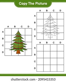 Copy the picture, copy the picture of Christmas Tree using grid lines. Educational children game, printable worksheet, vector illustration