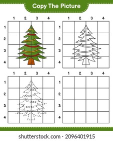 Copy the picture, copy the picture of Christmas Tree using grid lines. Educational children game, printable worksheet, vector illustration