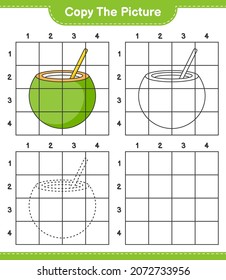 Copy the picture, copy the picture of Coconut using grid lines. Educational children game, printable worksheet, vector illustration