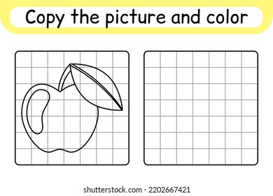 Copy the picture and color apple. Complete the picture. Finish the image. Coloring book. Educational drawing exercise game for children. Vector illustration
