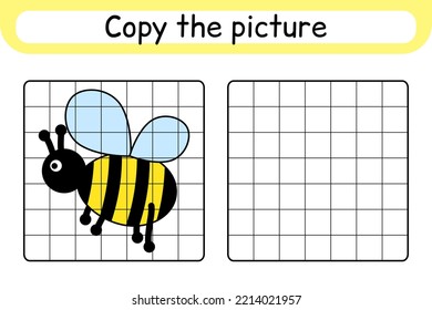 Copy the picture and color bee. Complete the picture. Finish the image. Coloring book. Educational drawing exercise game for children. Vector illustration