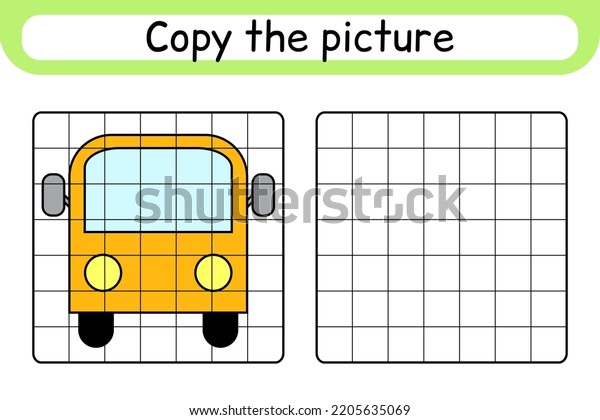 Copy the picture and color bus.\
Complete the picture. Finish the image. Coloring book. Educational\
drawing exercise game for children. Vector\
illustration