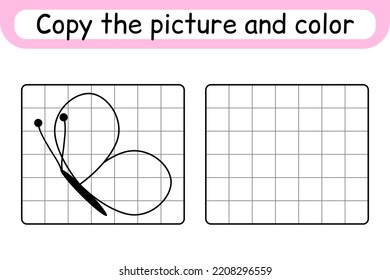 Copy the picture and color butterfly. Complete the picture. Finish the image. Coloring book. Educational drawing exercise game for children. Vector illustration