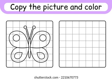 Copy the picture and color butterfly. Complete the picture. Finish the image. Coloring book. Educational drawing exercise game for children. Vector illustration