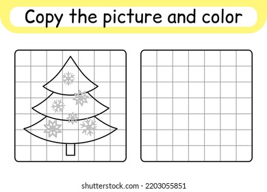 Copy the picture and color christmas tree. Complete the picture. Finish the image. Coloring book. Educational drawing exercise game for children. Vector illustration