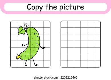 Copy the picture and color cucumber. Complete the picture. Finish the image. Coloring book. Educational drawing exercise game for children. Vector illustration