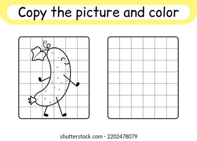 Copy the picture and color cucumber. Complete the picture. Finish the image. Coloring book. Educational drawing exercise game for children. Vector illustration