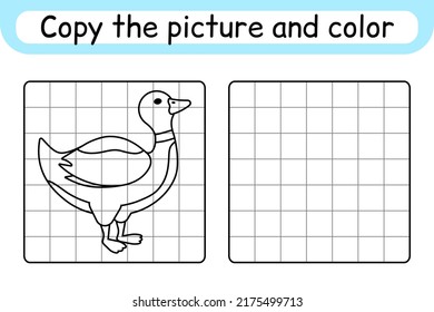 Copy the picture and color duck. Complete the picture. Finish the image. Coloring book. Educational drawing exercise game for children. Vector illustration