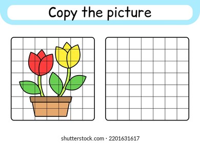 Copy the picture and color flower tulip. Complete the picture. Finish the image. Coloring book. Educational drawing exercise game for children. Vector illustration