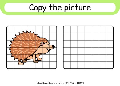 Copy the picture and color hedgehog. Complete the picture. Finish the image. Coloring book. Educational drawing exercise game for children. Vector illustration