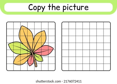 Copy the picture and color leaf chestnut. Complete the picture. Finish the image. Coloring book. Educational drawing exercise game for children. Vector illustration