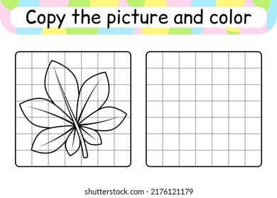 Copy the picture and color leaf chestnut. Complete the picture. Finish the image. Coloring book. Educational drawing exercise game for children. Vector illustration