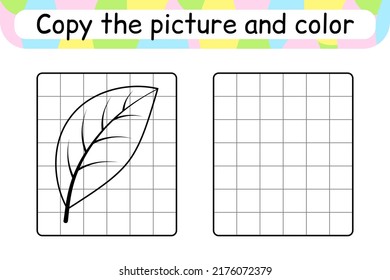 Copy the picture and color leaf. Complete the picture. Finish the image. Coloring book. Educational drawing exercise game for children. Vector illustration