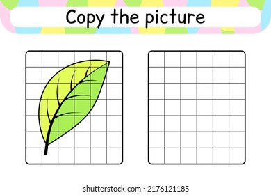 Copy the picture and color leaf. Complete the picture. Finish the image. Coloring book. Educational drawing exercise game for children. Vector illustration