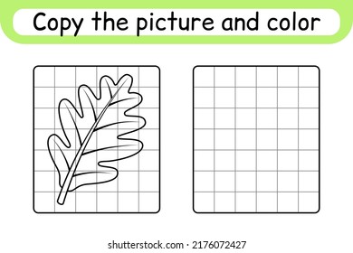 Copy the picture and color leaf oak. Complete the picture. Finish the image. Coloring book. Educational drawing exercise game for children. Vector illustration