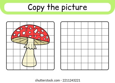 Copy the picture and color mushroom amanita. Complete the picture. Finish the image. Coloring book. Educational drawing exercise game for children. Vector illustration