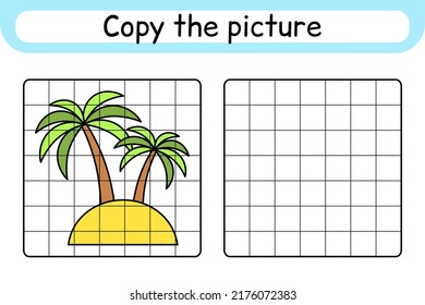 Copy the picture and color palm. Complete the picture. Finish the image. Coloring book. Educational drawing exercise game for children. Vector illustration