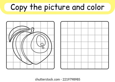 Copy the picture and color peach. Complete the picture. Finish the image. Coloring book. Educational drawing exercise game for children. Vector illustration