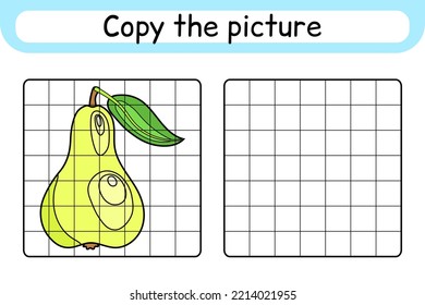 Copy the picture and color pear. Complete the picture. Finish the image. Coloring book. Educational drawing exercise game for children. Vector illustration