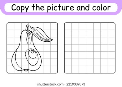 Copy the picture and color pear. Complete the picture. Finish the image. Coloring book. Educational drawing exercise game for children. Vector illustration