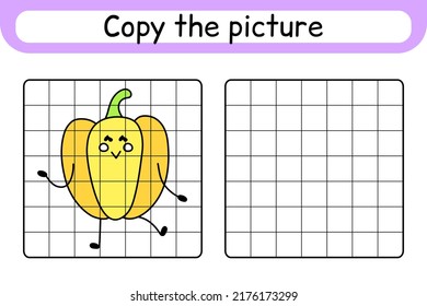 Copy the picture and color pepper. Complete the picture. Finish the image. Coloring book. Educational drawing exercise game for children. Vector illustration