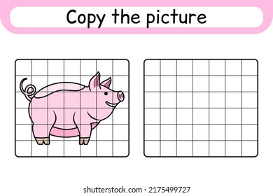 Copy the picture and color pig. Complete the picture. Finish the image. Coloring book. Educational drawing exercise game for children. Vector illustration