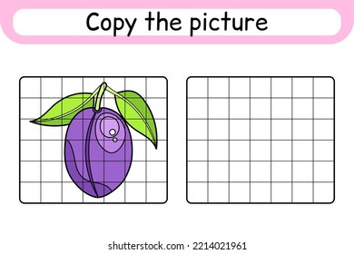 Copy the picture and color plum. Complete the picture. Finish the image. Coloring book. Educational drawing exercise game for children. Vector illustration