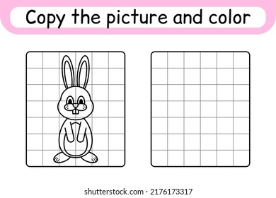 Copy the picture and color rabbit. Complete the picture. Finish the image. Coloring book. Educational drawing exercise game for children. Vector illustration