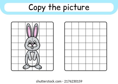 Copy the picture and color rabbit. Complete the picture. Finish the image. Coloring book. Educational drawing exercise game for children. Vector illustration