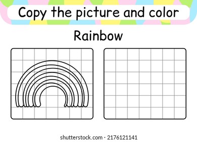 Copy the picture and color rainbow. Complete the picture. Finish the image. Coloring book. Educational drawing exercise game for children. Vector illustration