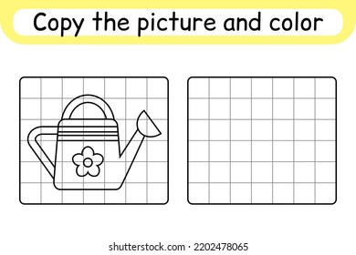 Copy the picture and color watering can. Complete the picture. Finish the image. Coloring book. Educational drawing exercise game for children. Vector illustration